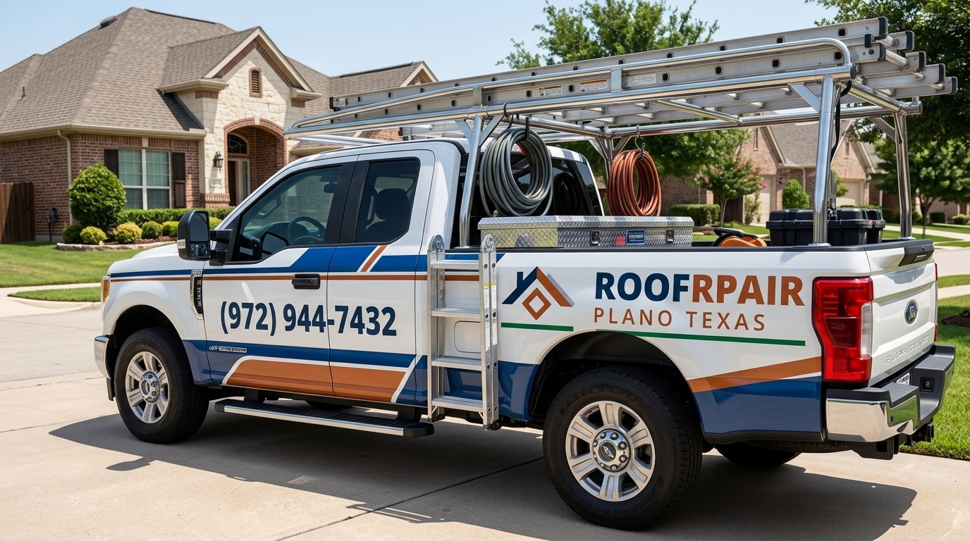 Roof Repair Plano Texas branded service vehicle