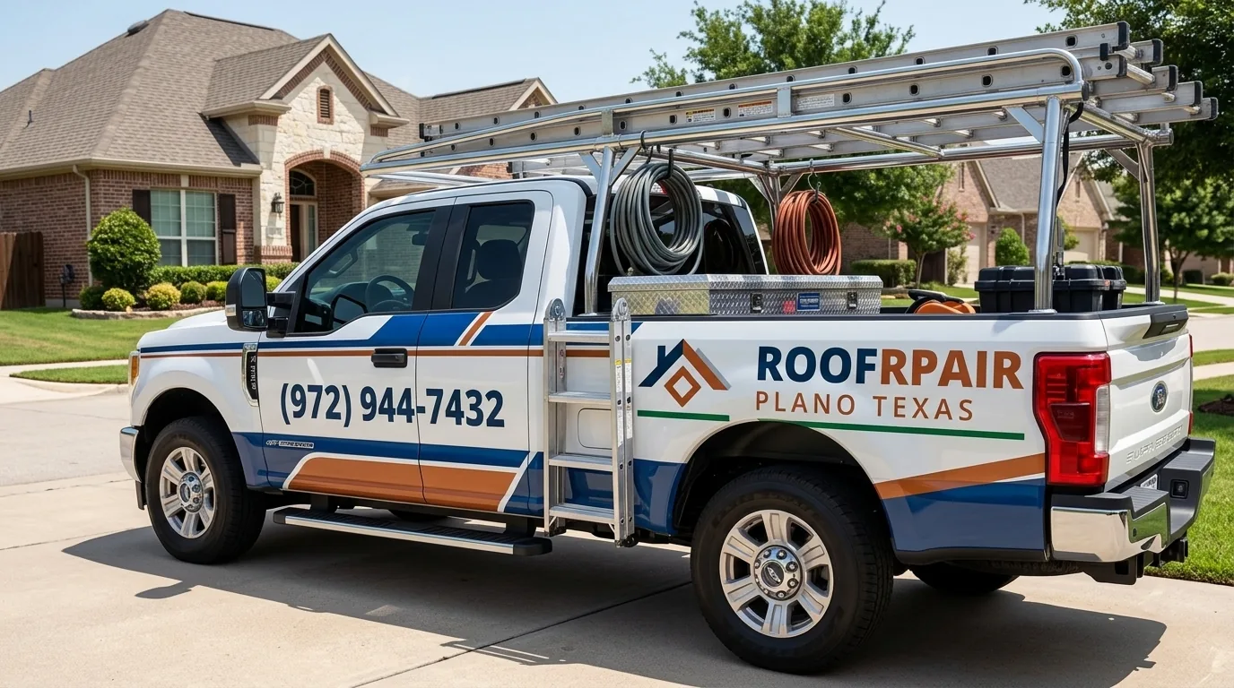 Roof Repair Plano Texas branded service vehicle