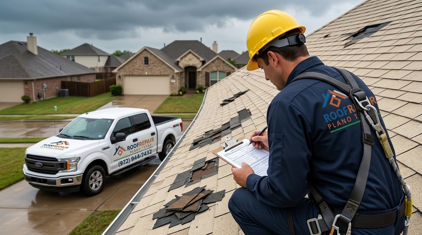 Hail-damaged shingle roof inspection in Plano