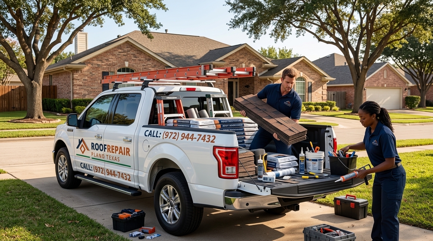 Roof repair crew preparing materials in Plano