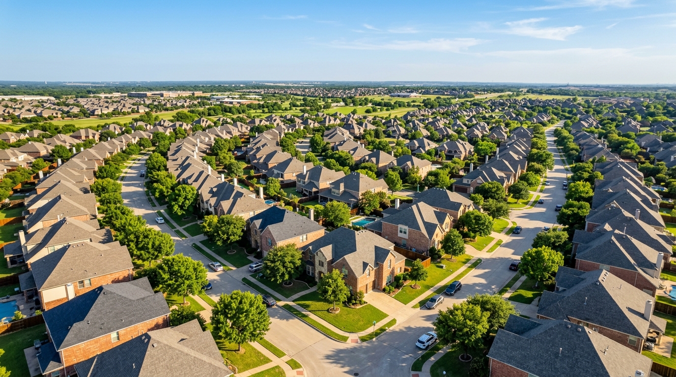 Suburban neighborhood with architectural shingle roofs in Murphy, Texas