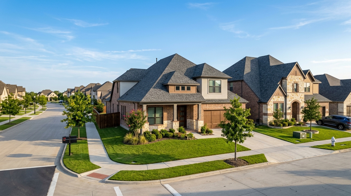 Modern residential homes with architectural shingle roofs in Frisco, Texas